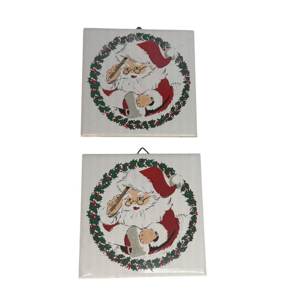 Vintage 1982 Jasco Christmas Ceramic Tile Trivets Set of 2 - Santa Claus w/ List